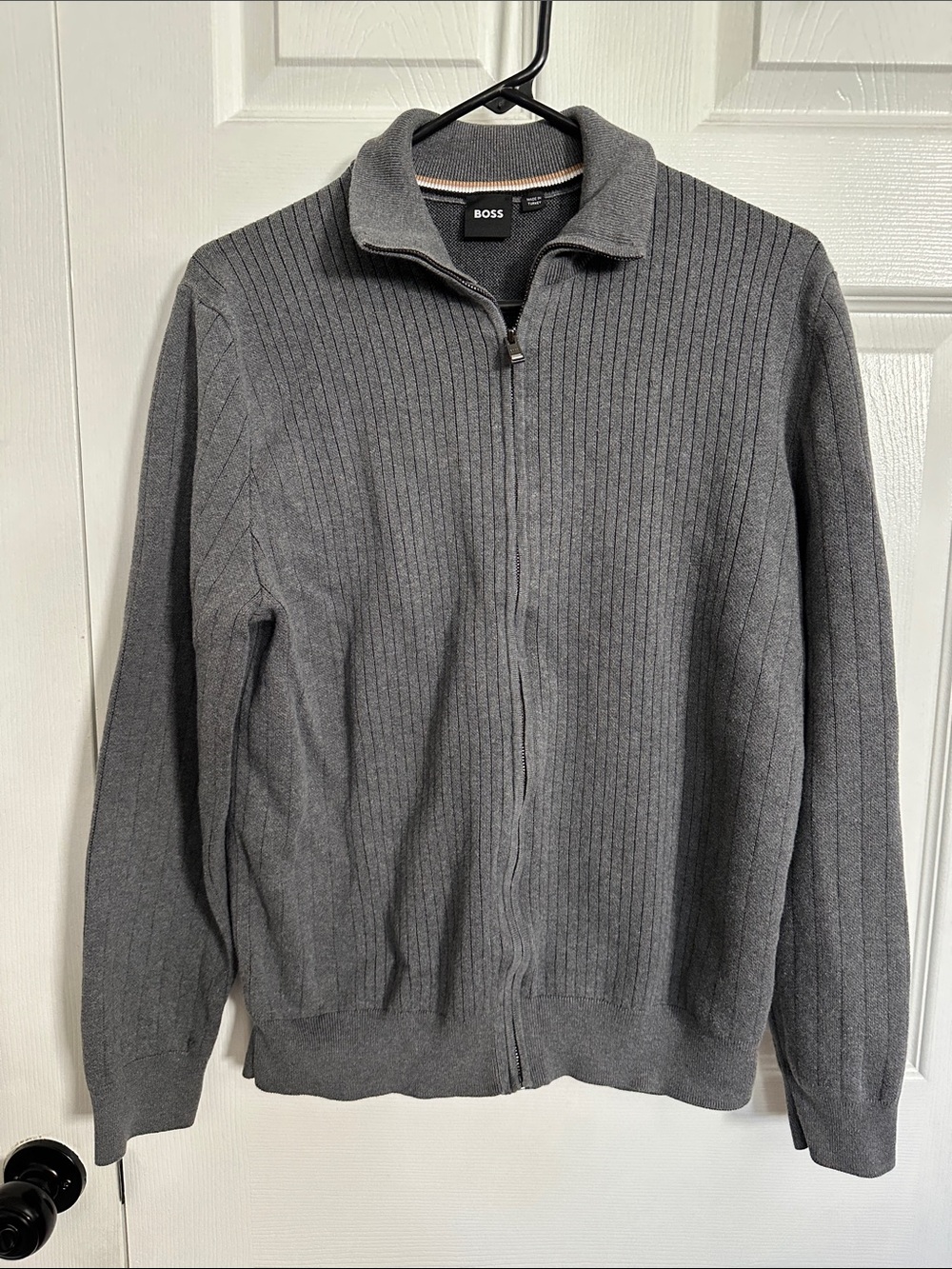 BOSS Men's Ribbed Full-Zip Sweater Jacket - Gray Size Large